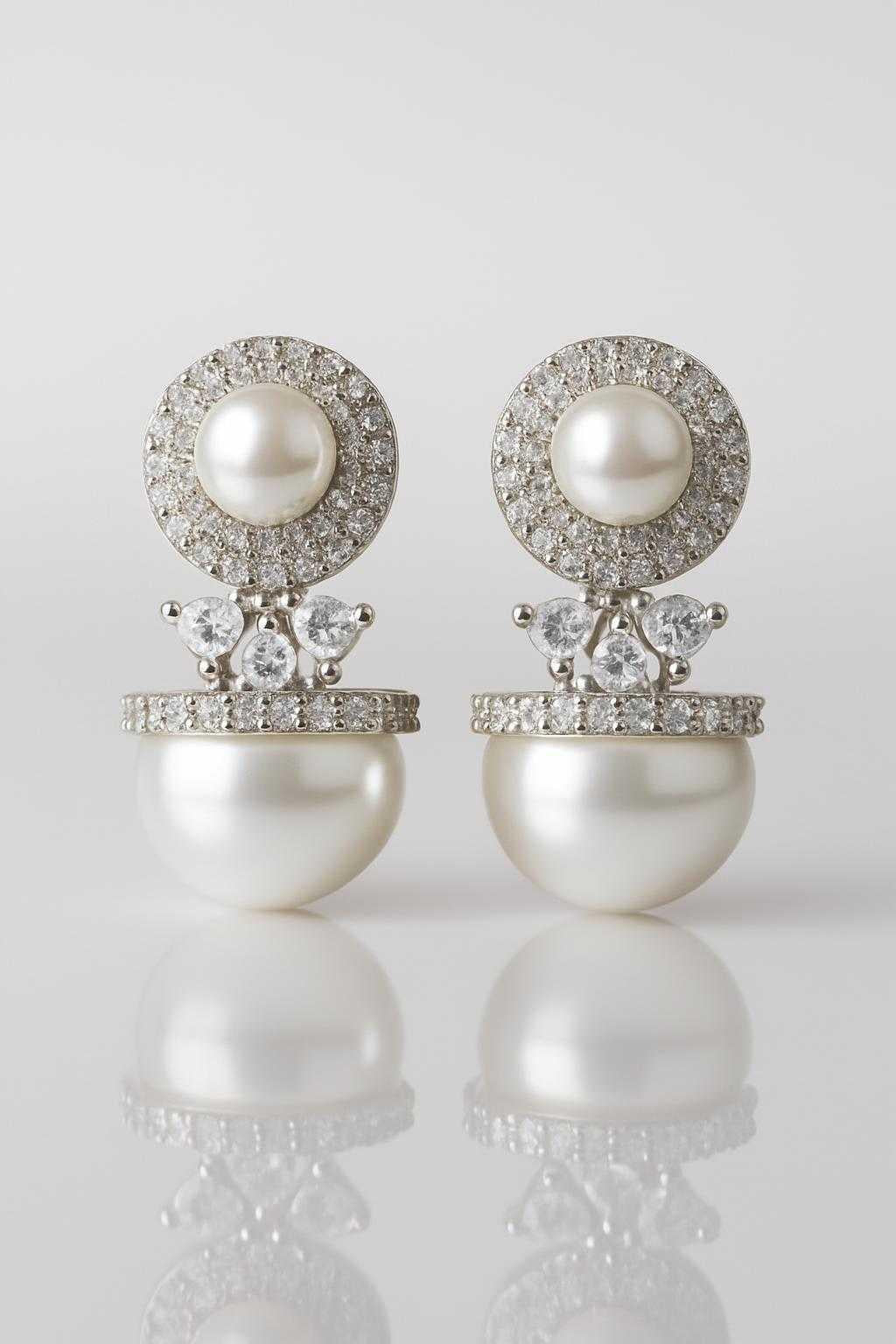 Pearl Glow Dual Stud Earrings - A modern twist on timeless pearls - Brass AD Stud Earrings with Pearl Center & Bottom Accent