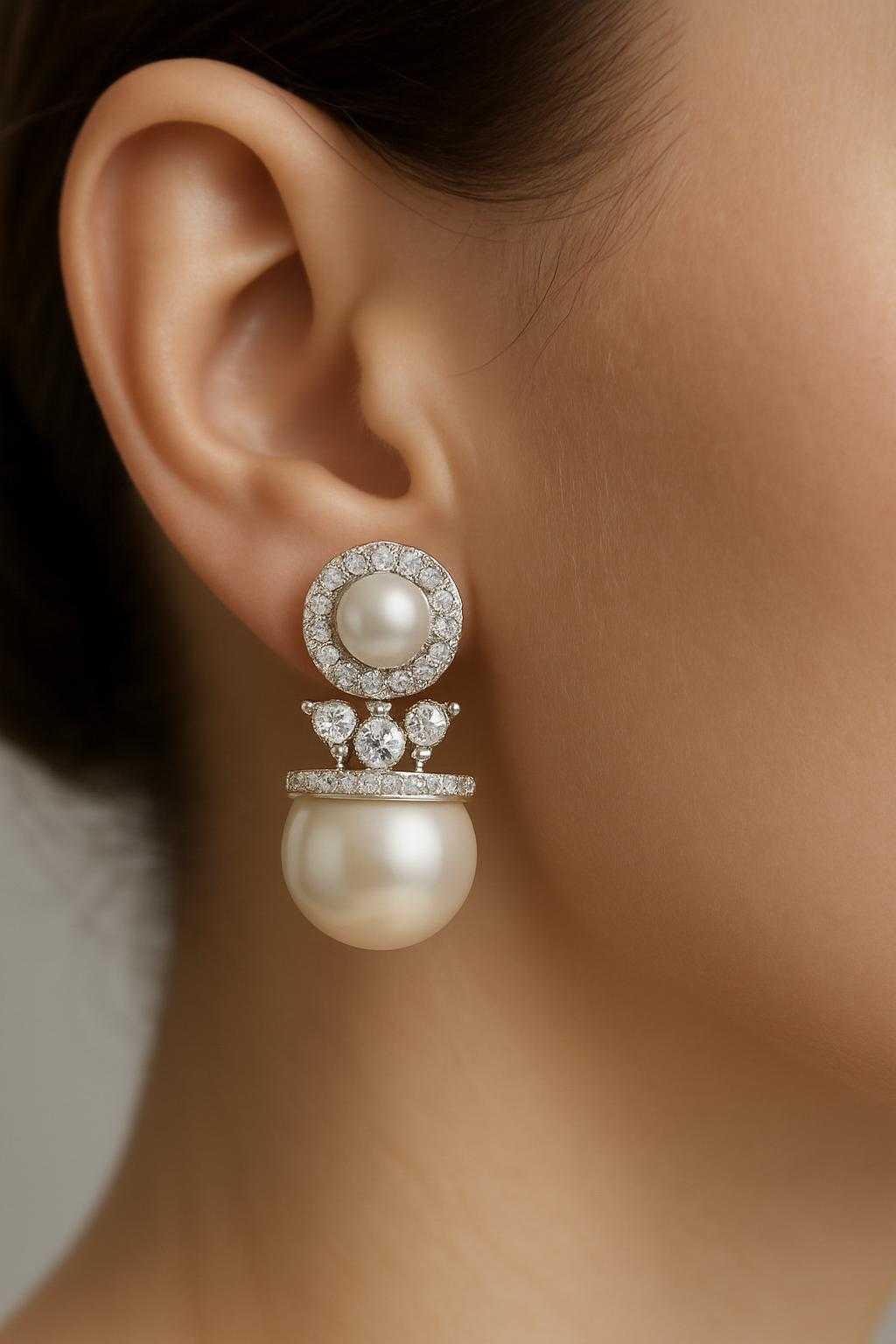 Pearl Glow Dual Stud Earrings - A modern twist on timeless pearls - Brass AD Stud Earrings with Pearl Center & Bottom Accent