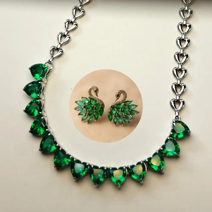 316L Stainless Steel Green Zirconia Heart Necklace with Multi-Emerald Zirconia Swan Studs