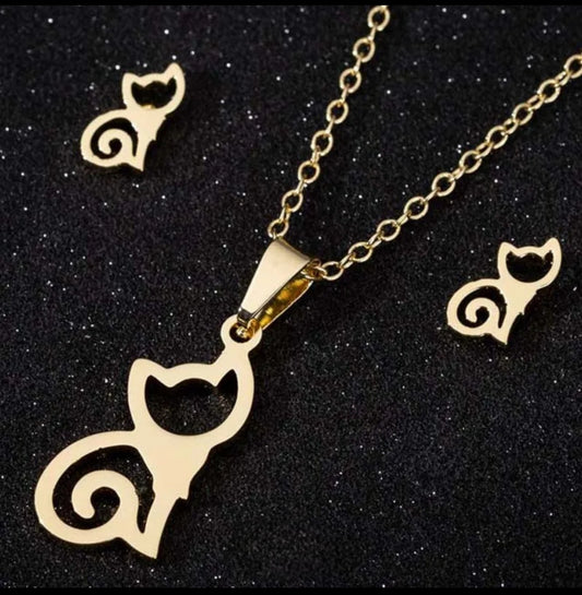 Luxury Cat Silhouette Jewelry Set – Non-Tarnish, Waterproof 18K PVD Gold Plated Stainless Steel