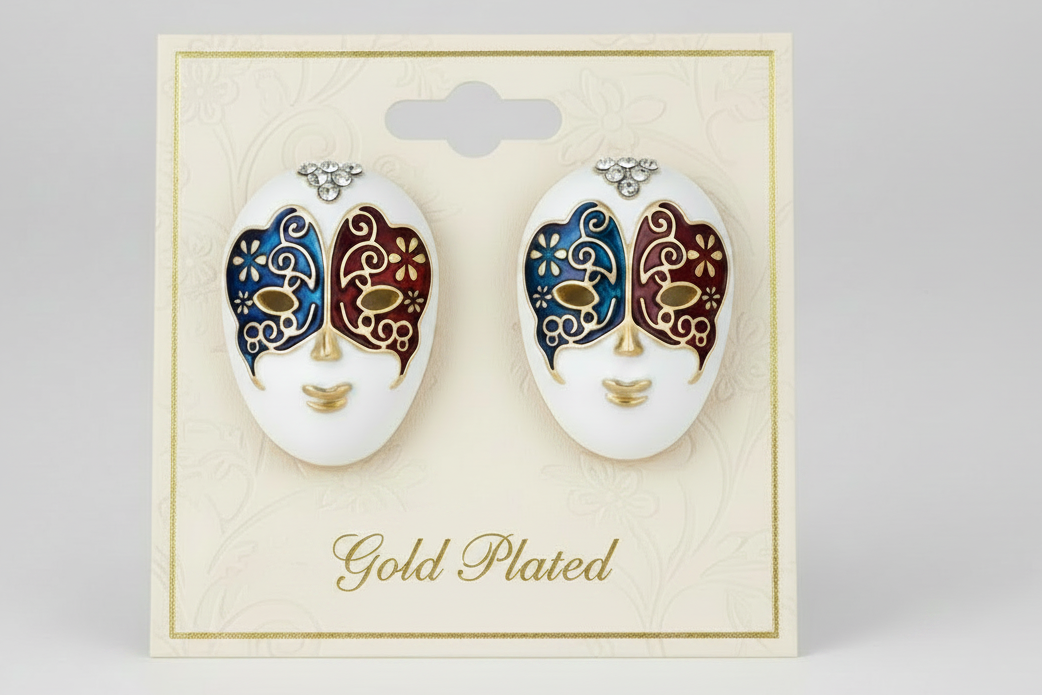 Masquerade Stud Earrings for Women | Gold-Plated Stainless Steel | Red &amp; Blue Design