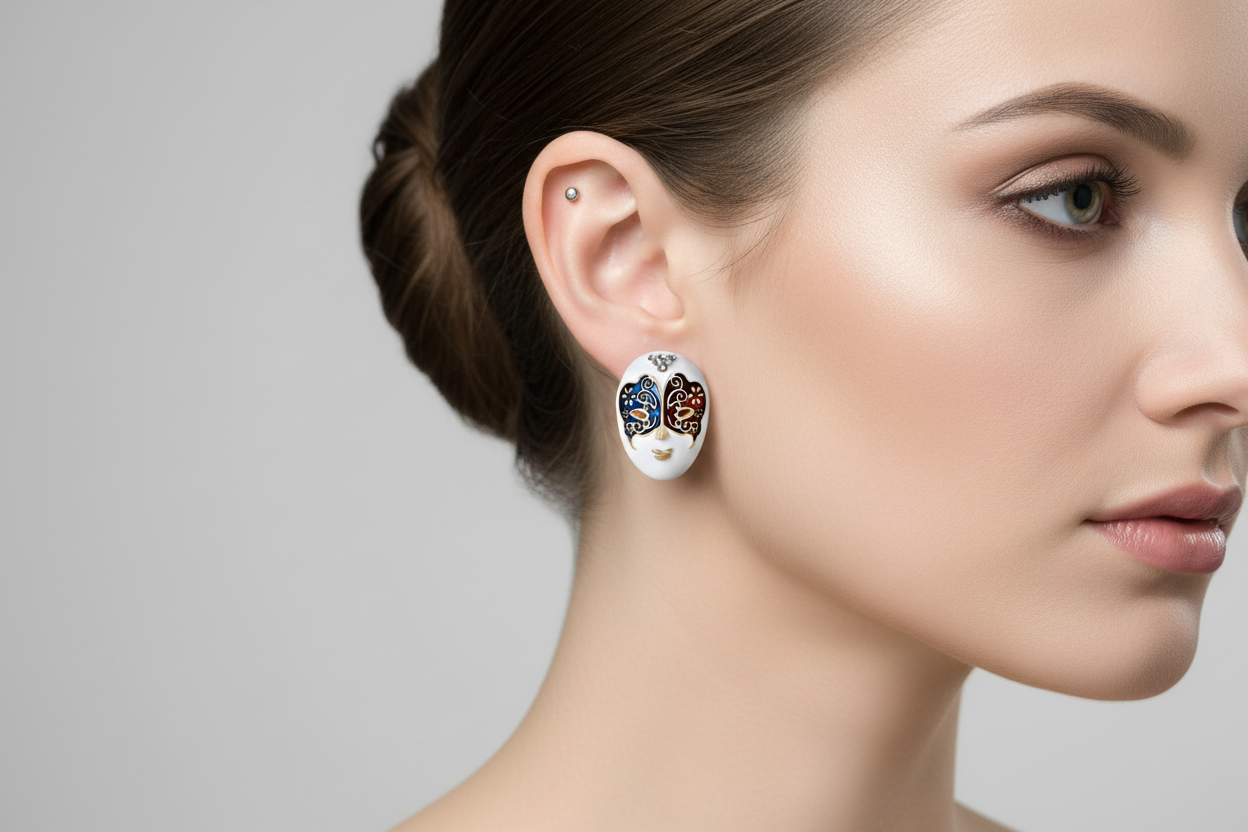 Masquerade Stud Earrings for Women | Gold-Plated Stainless Steel | Red &amp; Blue Design
