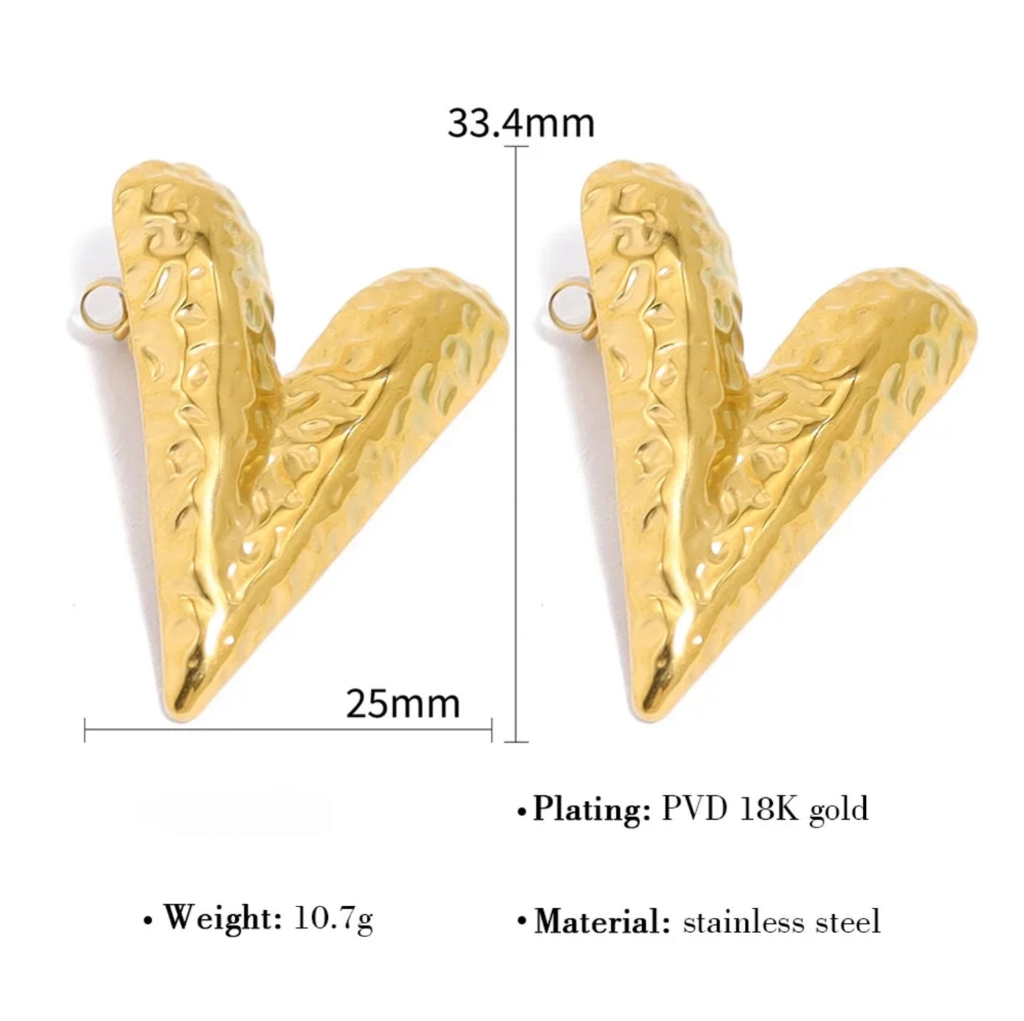 Radiant V Heart Stud Earrings – Sleek Everyday Glam - 18K Gold Plated Textured “Love” Earrings – Stainless Steel, Non-Fading Finish