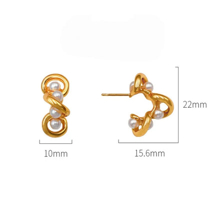 Pearl Twirl Hoops - Fashionable Light Luxury 18K Gold-Plated Twirled Stainless Steel Pearl C-Shaped Hoop Earrings – Retro & Versatile Women’s Jewelry