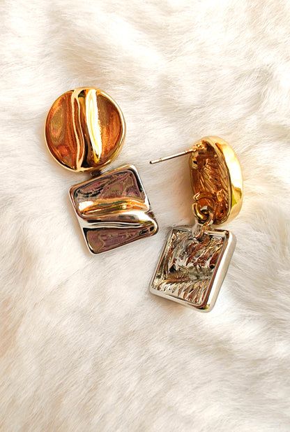 Dual Dangle Silver & Gold Earrings – Stainless Steel Geometric Round & Square Stud Earrings for Women