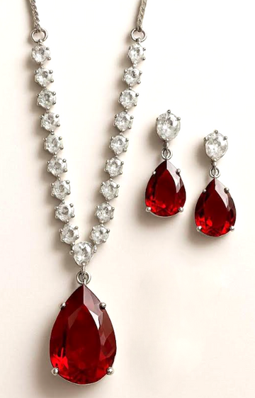 Royal Scarlet Elegance AD Jewelry Set - Shine with timeless Elegance - Brass AD Necklace & Earrings Set with Red Teardrop Stones