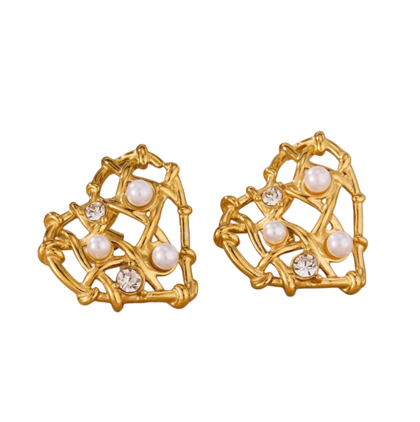 Glimmering Love – Pearl & Stone Heart Earrings - Fashionable Women's Stainless Steel Earring Heart Hollow Design with Glue Bead Gold Plated Cubic Zirconia Stud Earring
