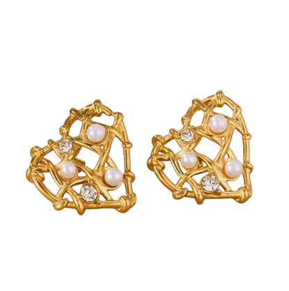 Glimmering Love – Pearl & Stone Heart Earrings - Fashionable Women's Stainless Steel Earring Heart Hollow Design with Glue Bead Gold Plated Cubic Zirconia Stud Earring