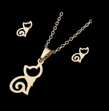 Luxury Cat Silhouette Jewelry Set – Non-Tarnish, Waterproof 18K PVD Gold Plated Stainless Steel