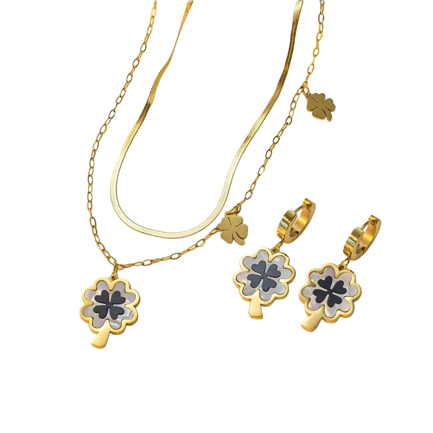 Lou – Blu Black Shell Four-Leaf Clover Jewelry Set | Titanium Stainless Steel with 18K Gold Plating