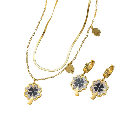 Lou – Blu Black Shell Four-Leaf Clover Jewelry Set | Titanium Stainless Steel with 18K Gold Plating