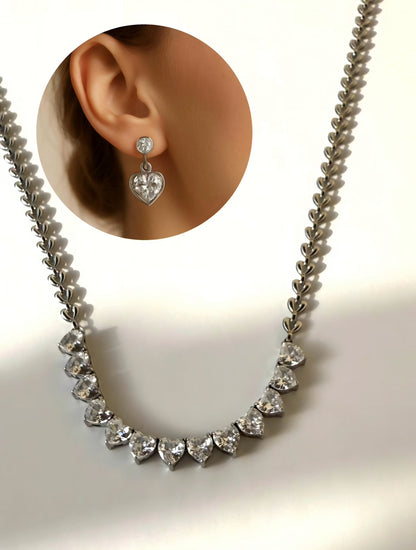 Delicate Silver-Plated Stainless Steel Necklace & Earrings Set with Zirconia Hearts