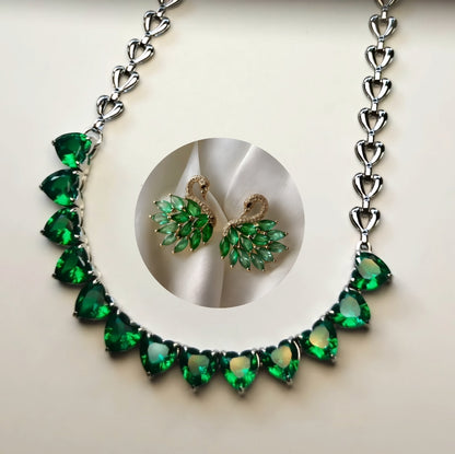 316L Stainless Steel Green Zirconia Heart Necklace with Multi-Emerald Zirconia Swan Studs