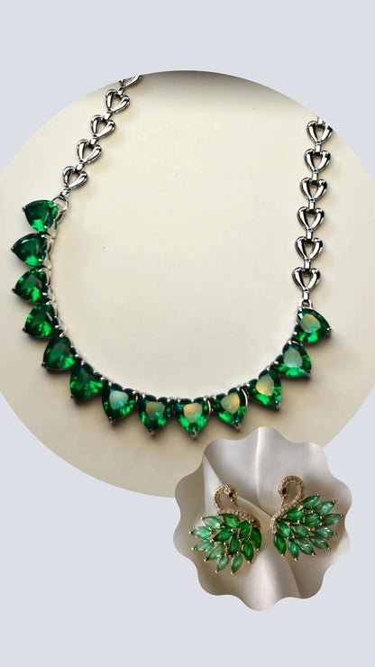 316L Stainless Steel Green Zirconia Heart Necklace with Multi-Emerald Zirconia Swan Studs