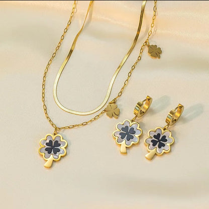 Lou – Blu Black Shell Four-Leaf Clover Jewelry Set | Titanium Stainless Steel with 18K Gold Plating