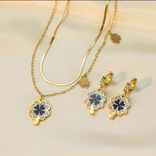 Lou – Blu Black Shell Four-Leaf Clover Jewelry Set | Titanium Stainless Steel with 18K Gold Plating