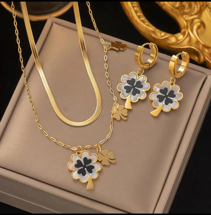 Lou – Blu Black Shell Four-Leaf Clover Jewelry Set | Titanium Stainless Steel with 18K Gold Plating