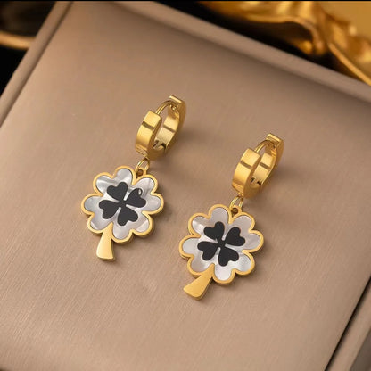 Lou – Blu Black Shell Four-Leaf Clover Jewelry Set | Titanium Stainless Steel with 18K Gold Plating