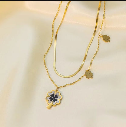 Lou – Blu Black Shell Four-Leaf Clover Jewelry Set | Titanium Stainless Steel with 18K Gold Plating