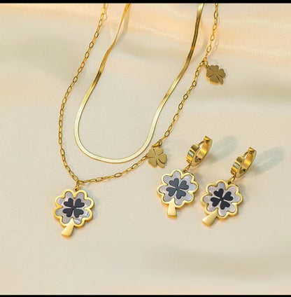 Lou – Blu Black Shell Four-Leaf Clover Jewelry Set | Titanium Stainless Steel with 18K Gold Plating