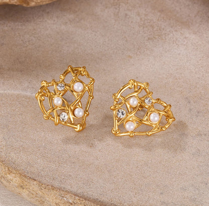 Glimmering Love – Pearl & Stone Heart Earrings - Fashionable Women's Stainless Steel Earring Heart Hollow Design with Glue Bead Gold Plated Cubic Zirconia Stud Earring