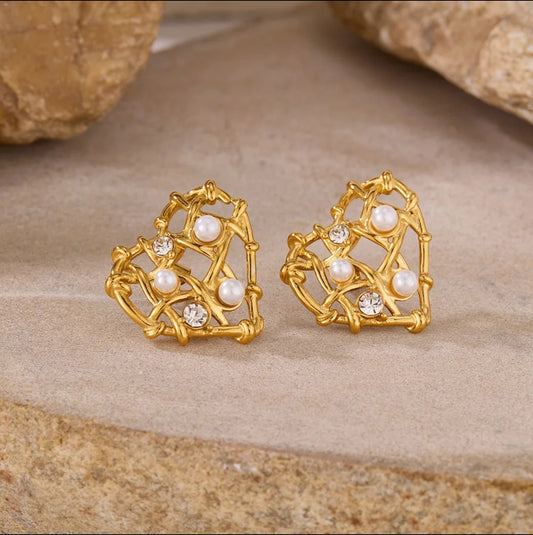 Glimmering Love – Pearl & Stone Heart Earrings - Fashionable Women's Stainless Steel Earring Heart Hollow Design with Glue Bead Gold Plated Cubic Zirconia Stud Earring