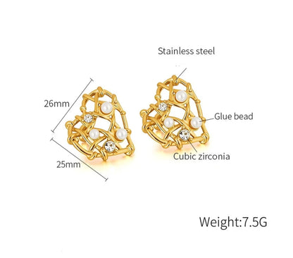 Glimmering Love – Pearl & Stone Heart Earrings - Fashionable Women's Stainless Steel Earring Heart Hollow Design with Glue Bead Gold Plated Cubic Zirconia Stud Earring