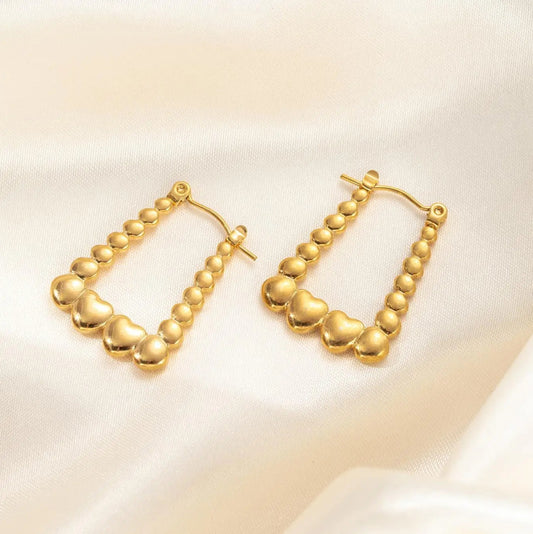 Tall Hoop Earrings – Heart-Shaped Spliced Square Design - Gold-Plated Stainless-Steel Heart & Square Hoop Earrings for Women