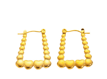 Tall Hoop Earrings – Heart-Shaped Spliced Square Design - Gold-Plated Stainless-Steel Heart & Square Hoop Earrings for Women