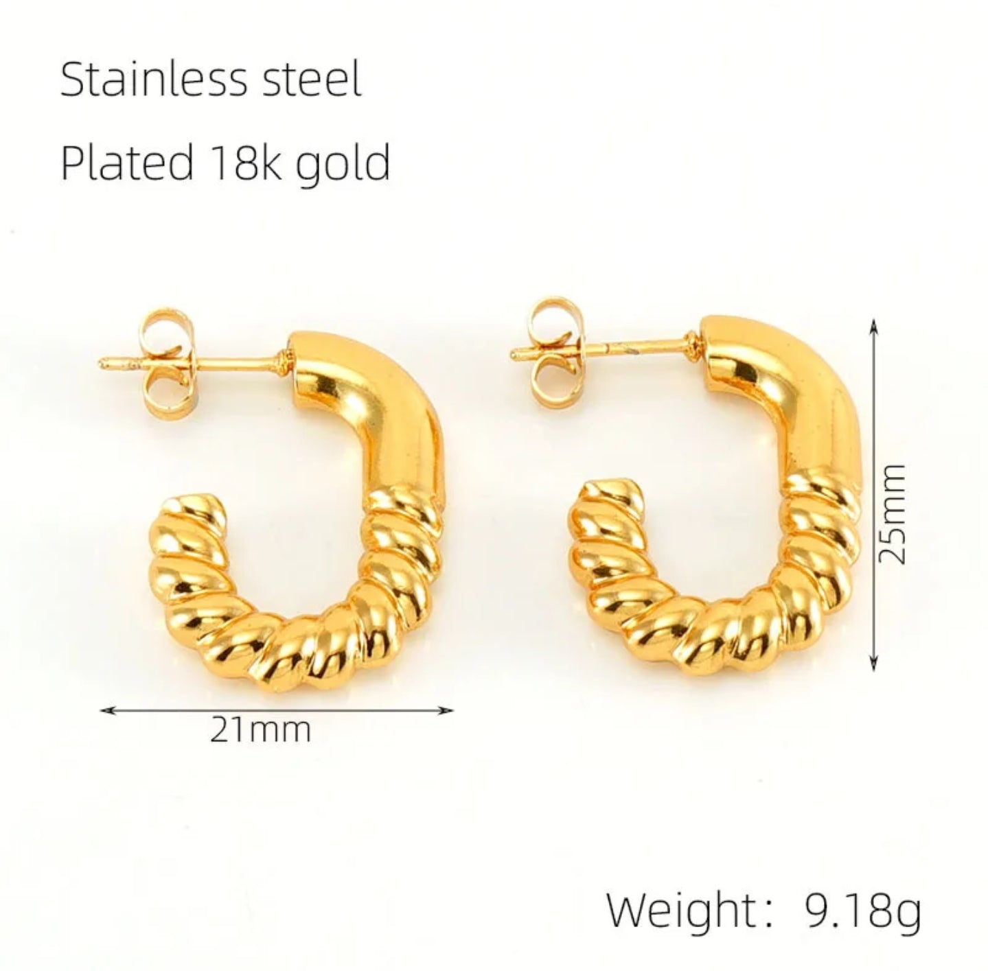 Golden Twist Hoops - Gold-Plated Stainless-Steel Spiral U Hoop Earrings for Women