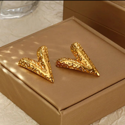 Radiant V Heart Stud Earrings – Sleek Everyday Glam - 18K Gold Plated Textured “Love” Earrings – Stainless Steel, Non-Fading Finish