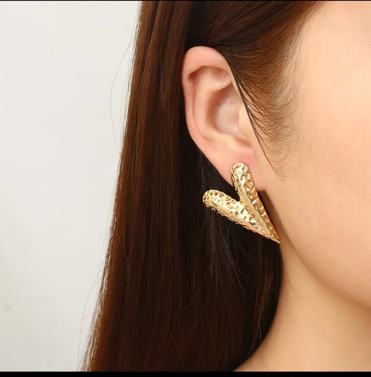 Radiant V Heart Stud Earrings – Sleek Everyday Glam - 18K Gold Plated Textured “Love” Earrings – Stainless Steel, Non-Fading Finish