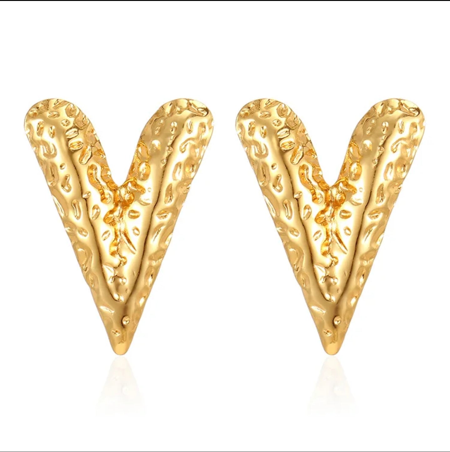 Radiant V Heart Stud Earrings – Sleek Everyday Glam - 18K Gold Plated Textured “Love” Earrings – Stainless Steel, Non-Fading Finish