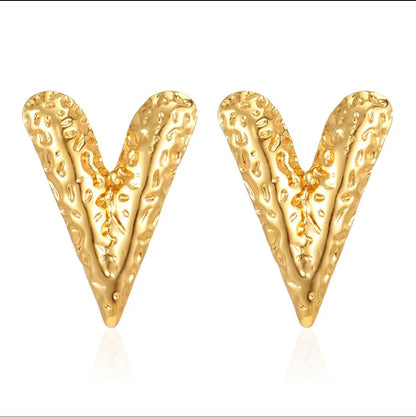 Radiant V Heart Stud Earrings – Sleek Everyday Glam - 18K Gold Plated Textured “Love” Earrings – Stainless Steel, Non-Fading Finish