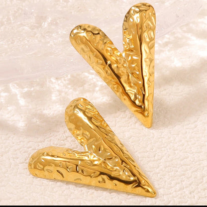 Radiant V Heart Stud Earrings – Sleek Everyday Glam - 18K Gold Plated Textured “Love” Earrings – Stainless Steel, Non-Fading Finish