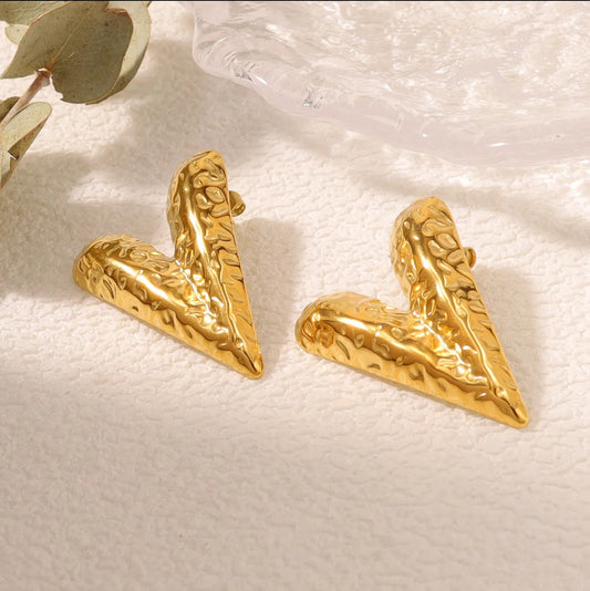 Radiant V Heart Stud Earrings – Sleek Everyday Glam - 18K Gold Plated Textured “Love” Earrings – Stainless Steel, Non-Fading Finish