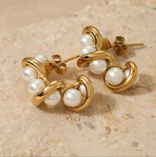 Pearl Twirl Hoops - Fashionable Light Luxury 18K Gold-Plated Twirled Stainless Steel Pearl C-Shaped Hoop Earrings – Retro & Versatile Women’s Jewelry