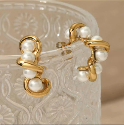Pearl Twirl Hoops - Fashionable Light Luxury 18K Gold-Plated Twirled Stainless Steel Pearl C-Shaped Hoop Earrings – Retro & Versatile Women’s Jewelry