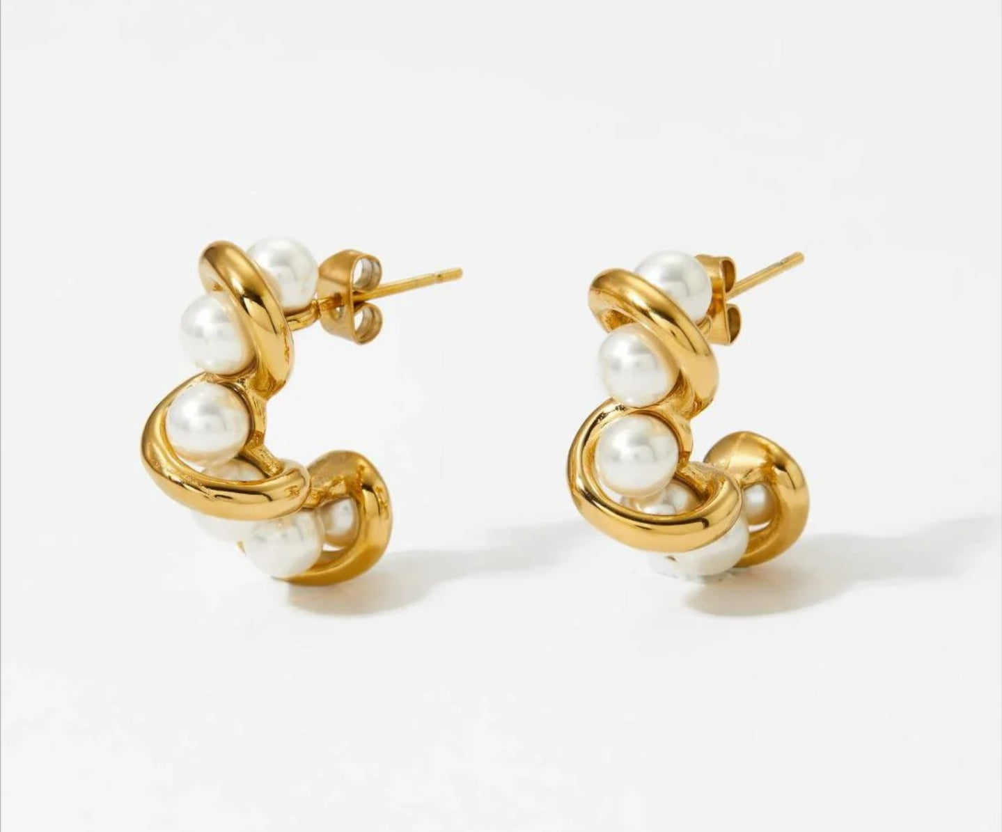 Pearl Twirl Hoops - Fashionable Light Luxury 18K Gold-Plated Twirled Stainless Steel Pearl C-Shaped Hoop Earrings – Retro & Versatile Women’s Jewelry