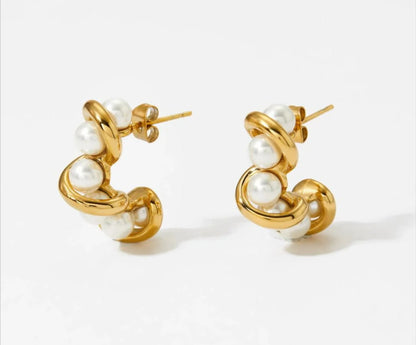 Pearl Twirl Hoops - Fashionable Light Luxury 18K Gold-Plated Twirled Stainless Steel Pearl C-Shaped Hoop Earrings – Retro & Versatile Women’s Jewelry