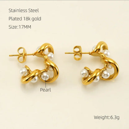 Pearl Twirl Hoops - Fashionable Light Luxury 18K Gold-Plated Twirled Stainless Steel Pearl C-Shaped Hoop Earrings – Retro & Versatile Women’s Jewelry