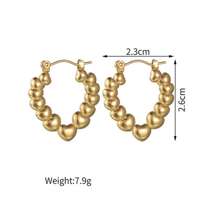 Stainless Steel Heart Beads Hoop Earrings - Simple 18K Gold-Plated Stainless Steel Heart Beaded Hoop Earrings