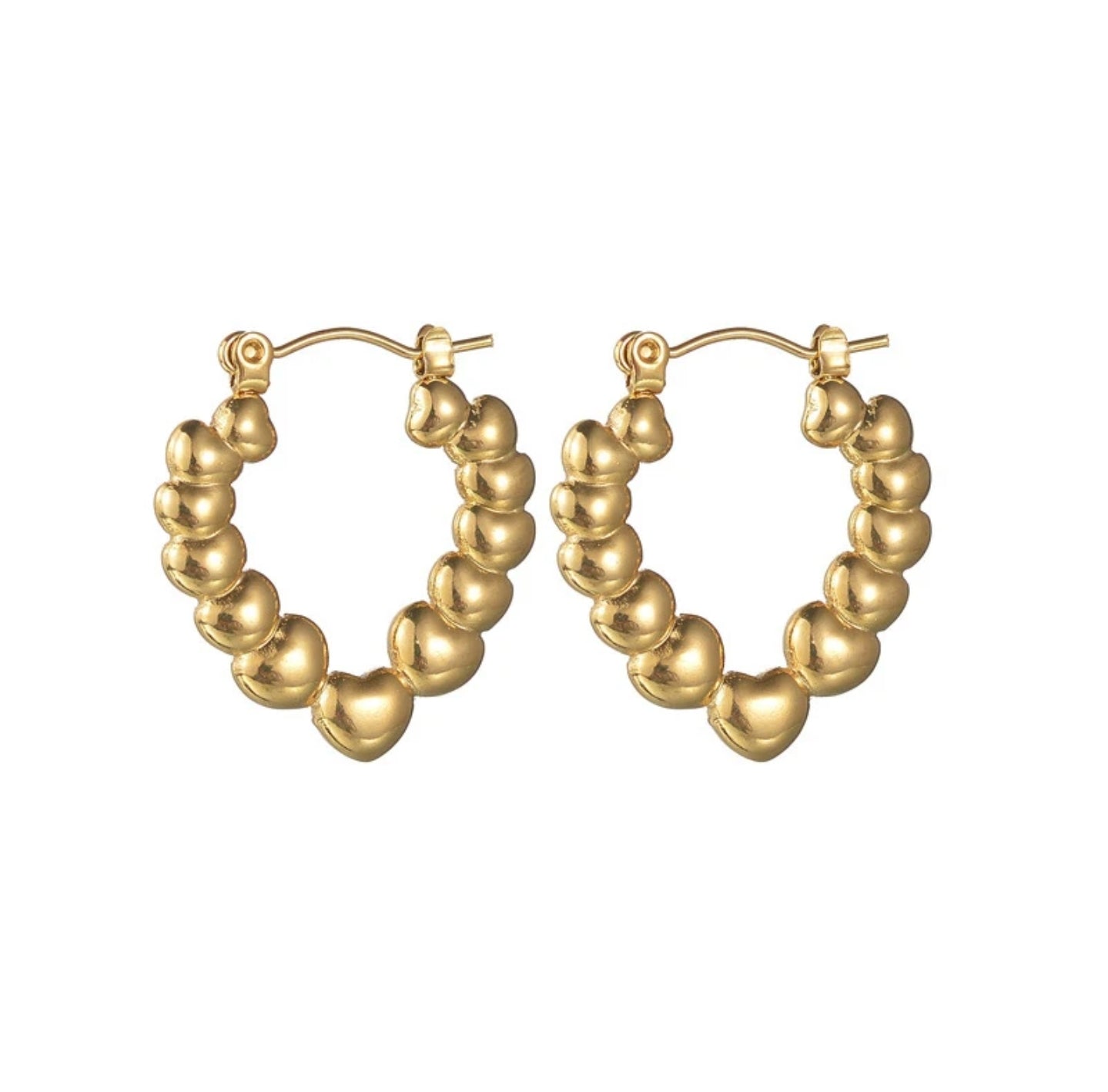 Stainless Steel Heart Beads Hoop Earrings - Simple 18K Gold-Plated Stainless Steel Heart Beaded Hoop Earrings