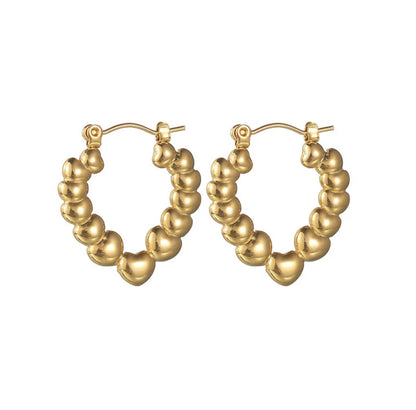 Stainless Steel Heart Beads Hoop Earrings - Simple 18K Gold-Plated Stainless Steel Heart Beaded Hoop Earrings