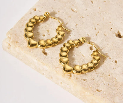 Stainless Steel Heart Beads Hoop Earrings - Simple 18K Gold-Plated Stainless Steel Heart Beaded Hoop Earrings