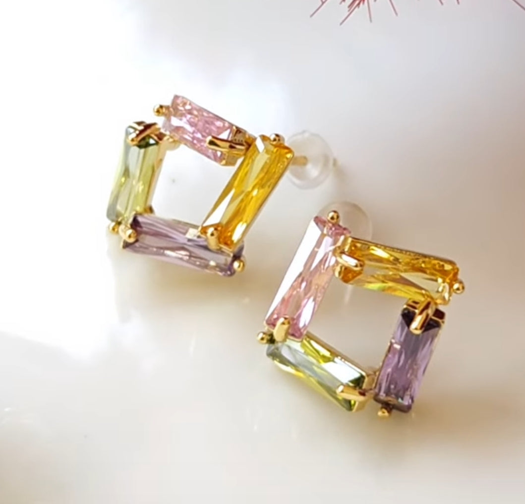 Multitone Square Studs - 18K Gold Plated Fashion Multi Color Stone Huggies Earring Jewlery