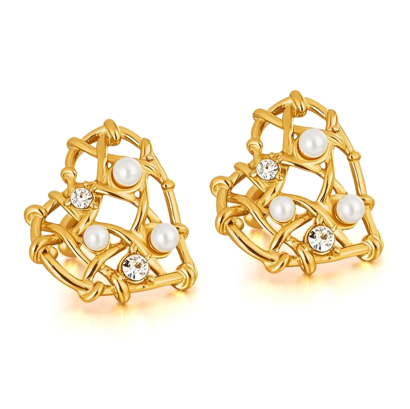 Glimmering Love – Pearl & Stone Heart Earrings - Fashionable Women's Stainless Steel Earring Heart Hollow Design with Glue Bead Gold Plated Cubic Zirconia Stud Earring