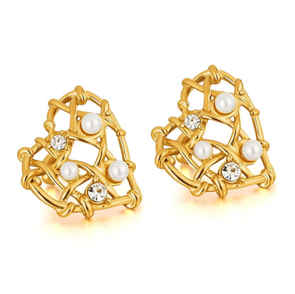 Glimmering Love – Pearl & Stone Heart Earrings - Fashionable Women's Stainless Steel Earring Heart Hollow Design with Glue Bead Gold Plated Cubic Zirconia Stud Earring