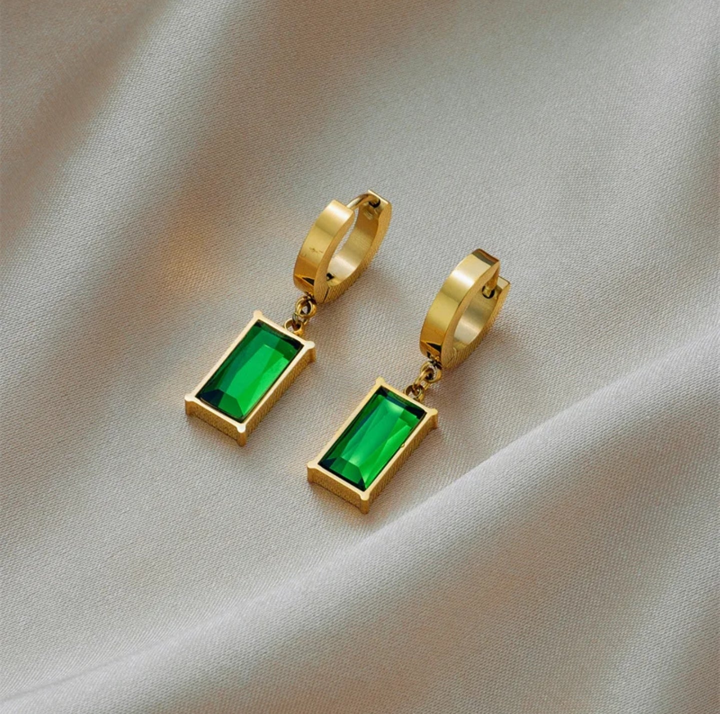Emerald Luxe Hoops – 18K Gold Plated Stainless Steel Green Zircon Earrings