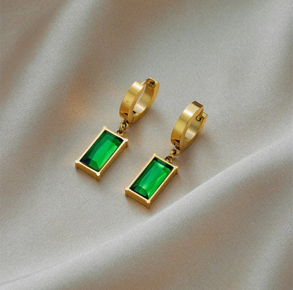 Emerald Luxe Hoops – 18K Gold Plated Stainless Steel Green Zircon Earrings